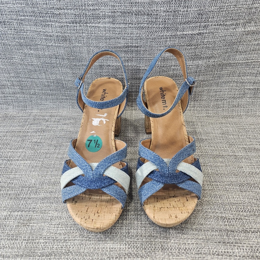 White Mountain Women's Sandal Block Heel Denim Size 3.5" Platform Shoe Size 7.5M